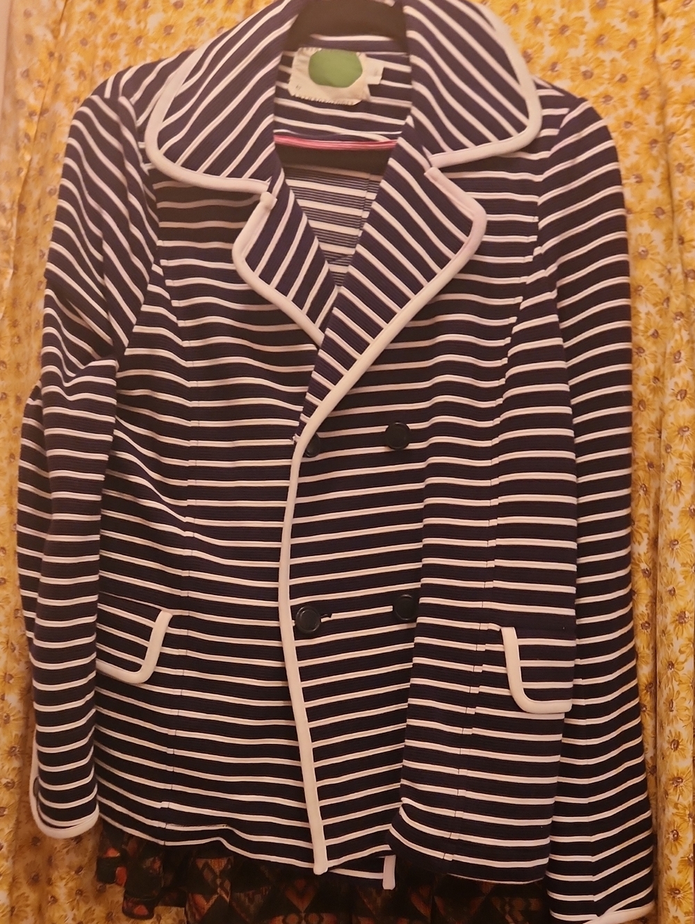 Anthropologie Navy and White Striped Double-Breasted Blazer